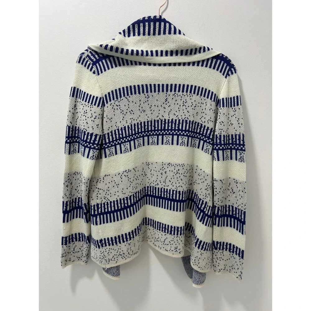 Lulu Fushi Blue White Geometric Open Front Waterfall Cardigan Sweater Small
